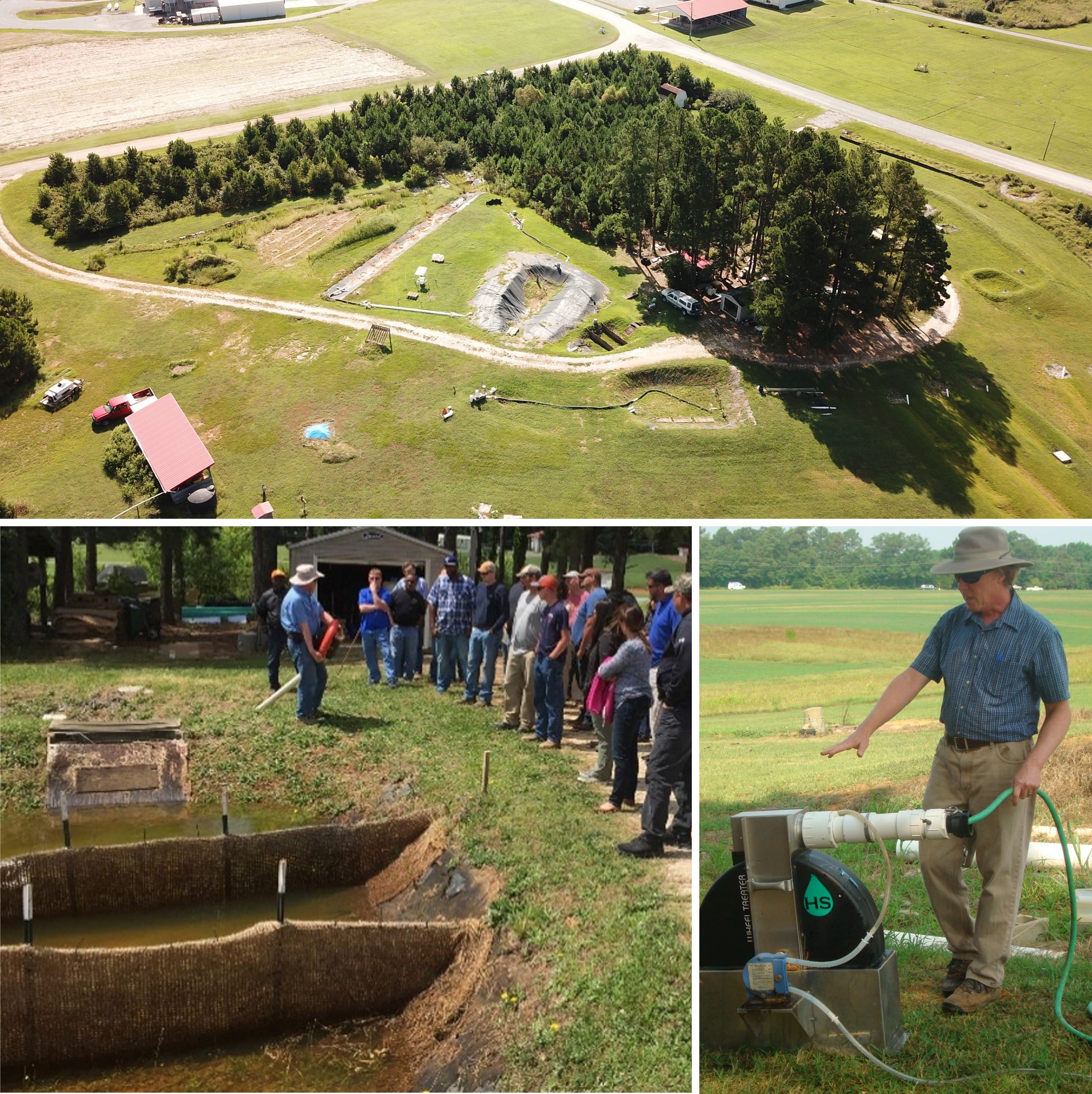 Top image shows an aerial view of the Sediment and Erosion Control Research and Education Facility at NC State's Lake Wheeler Road Field Laboratory. The image shows demonstrations of erosion and sediment control best management practices, including a skimmer basin and wattle ditch. The bottom left photo shows a group of workshop attendees watching Rich McLaughlin demonstrating the fundamentals of a skimmer basin. The bottom right photo shows Rich McLauglin demonstrating the use of a Wheel Treater for automatic flocculant treatment.